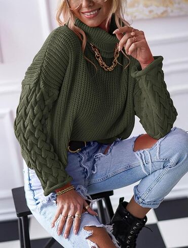 Okiwam Cable Knit Sweater Women Long Sleeve Turtleneck Fall Sweater Solid Color Pullover 2023 Casual Tops Jumper in Kuwait