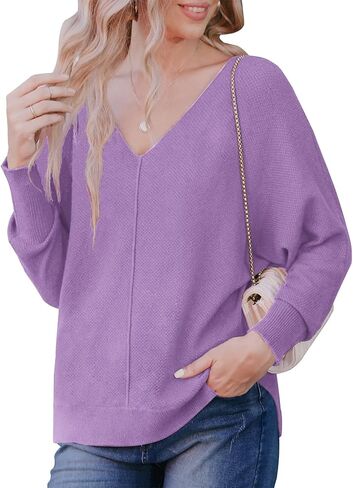 سترة نسائية من AWULIFFAN بأكمام جناح الخفاش ورقبة على شكل حرف V وسترات محبوكة كاجوال in Kuwait