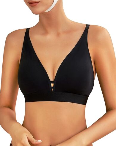 FINETOO Bralettes للنساء حمالات صدر مثلثة يغرق Underwire مبطنة بدون خياطة حمالة صدر عميقة على شكل حرف V حمالة صدر لاسلكية يومية للسيدات باللون الأسود in Kuwait