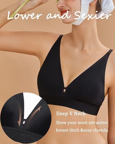 FINETOO Bralettes للنساء حمالات صدر مثلثة يغرق Underwire مبطنة بدون خياطة حمالة صدر عميقة على شكل حرف V حمالة صدر لاسلكية يومية للسيدات باللون الأسود in Kuwait