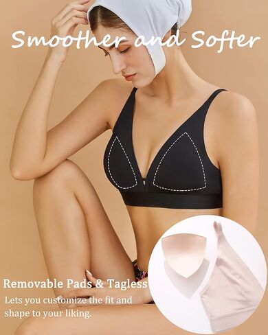 FINETOO Bralettes للنساء حمالات صدر مثلثة يغرق Underwire مبطنة بدون خياطة حمالة صدر عميقة على شكل حرف V حمالة صدر لاسلكية يومية للسيدات باللون الأسود in Kuwait