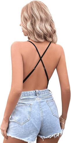 SweatyRocks Women's Deep V Neck Backless Cami Top Ruched Wrap Bodysuit Jumpsuit in Saudi Arabia
