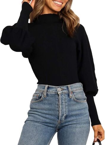 بلوفر نسائي كاجوال من HZSONNE برقبة وهمية وأكمام منتفخة، سترة علوية محبوكة بأكمام طويلة وفانوس in Kuwait