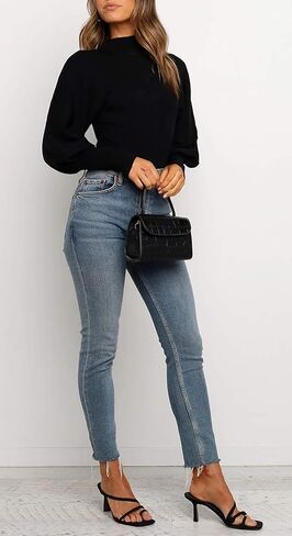 بلوفر نسائي كاجوال من HZSONNE برقبة وهمية وأكمام منتفخة، سترة علوية محبوكة بأكمام طويلة وفانوس in Kuwait