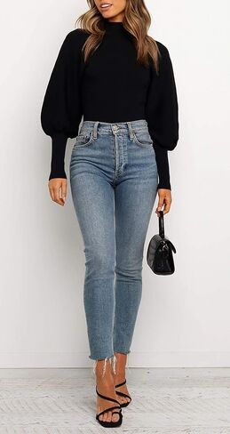 بلوفر نسائي كاجوال من HZSONNE برقبة وهمية وأكمام منتفخة، سترة علوية محبوكة بأكمام طويلة وفانوس in Kuwait