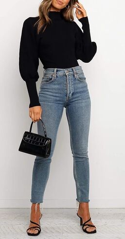 بلوفر نسائي كاجوال من HZSONNE برقبة وهمية وأكمام منتفخة، سترة علوية محبوكة بأكمام طويلة وفانوس in Kuwait