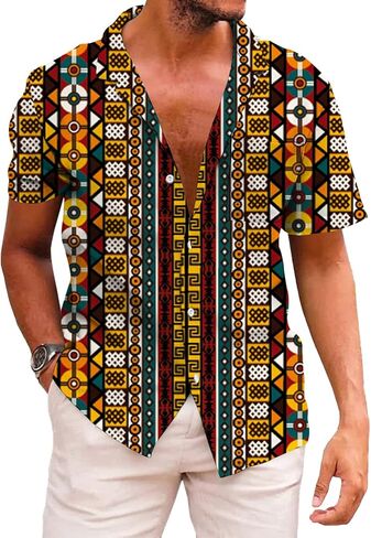 قمصان KYKU الأفريقية للرجال Dashiki 70s ملابس مطبوعة بأزرار سفلية قميص رجالي بأكمام قصيرة in Saudi Arabia