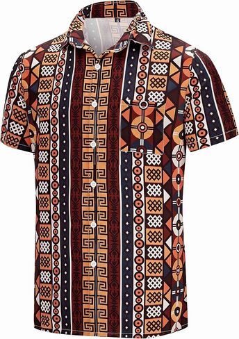 قمصان KYKU الأفريقية للرجال Dashiki 70s ملابس مطبوعة بأزرار سفلية قميص رجالي بأكمام قصيرة in Saudi Arabia