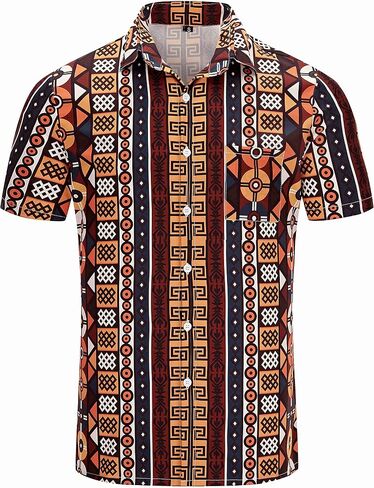 قمصان KYKU الأفريقية للرجال Dashiki 70s ملابس مطبوعة بأزرار سفلية قميص رجالي بأكمام قصيرة in Saudi Arabia