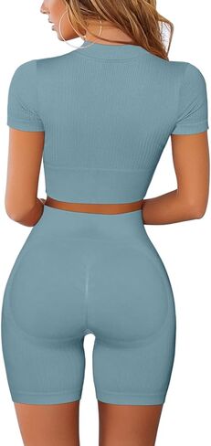 Mulisky Women’s 2 Piece Workout Sets for Women Zipper Crop Top Seamless High Waist Booty Shorts Gym Yoga Outfits in Kuwait