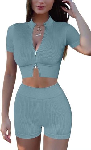 Mulisky Women’s 2 Piece Workout Sets for Women Zipper Crop Top Seamless High Waist Booty Shorts Gym Yoga Outfits in Kuwait
