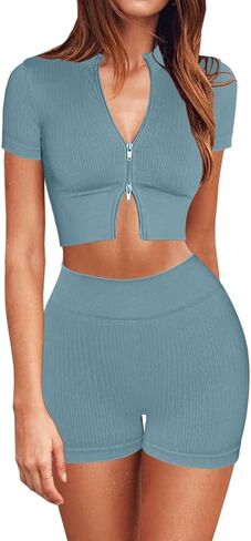 Mulisky Women’s 2 Piece Workout Sets for Women Zipper Crop Top Seamless High Waist Booty Shorts Gym Yoga Outfits in Kuwait
