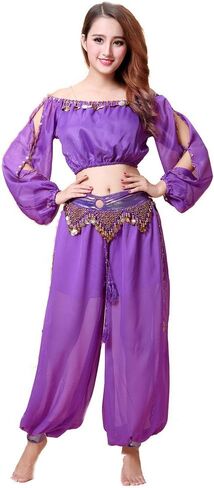 ZLTdream Belly Dance Chiffon Long Sleeves Top and Lantern Coins Pants Black, One Size in Kuwait