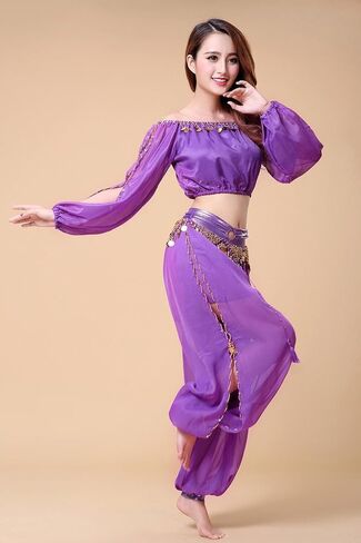 ZLTdream Belly Dance Chiffon Long Sleeves Top and Lantern Coins Pants Black, One Size in Kuwait