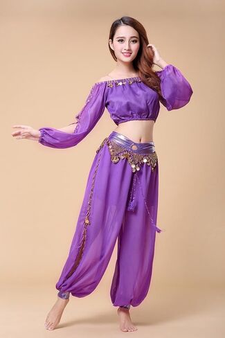 ZLTdream Belly Dance Chiffon Long Sleeves Top and Lantern Coins Pants Black, One Size in Kuwait