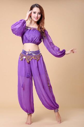 ZLTdream Belly Dance Chiffon Long Sleeves Top and Lantern Coins Pants Black, One Size in Kuwait