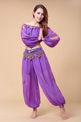ZLTdream Belly Dance Chiffon Long Sleeves Top and Lantern Coins Pants Black, One Size in Kuwait