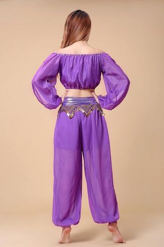 ZLTdream Belly Dance Chiffon Long Sleeves Top and Lantern Coins Pants Black, One Size in Kuwait