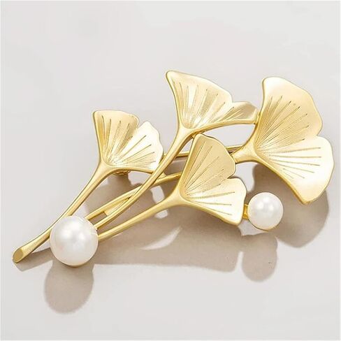 Ginkgo Biloba Pearl Brooch Gold Plant Series Leaf-Shaped Corsage Fashion Ginkgo Biloba Vintage Gold Brooch Creative Pearl Bouquet Corsage Palace Enamel Botanical Brooch Suitable for Wedding Banquet Party in Saudi Arabia