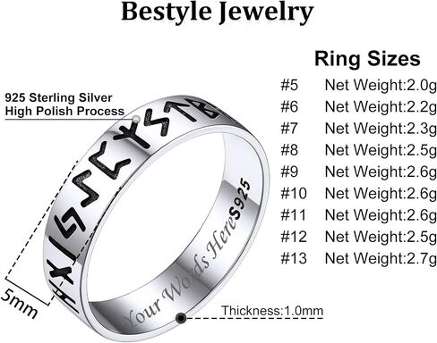 خاتم Bestyle Viking Norse Runes من الفضة الإسترلينية للرجال والنساء، خاتم إصبع السبابة الرائع، هدية بيان مجوهرات الفايكنج نورس in Kuwait