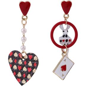 Queen of Heart Earrings Red Heart Poker Clock Drop Earrings for Women Girls,Asymmetric Long Clock Poker Dangle Earrings Queen of Hearts Costume Accessories in Saudi Arabia