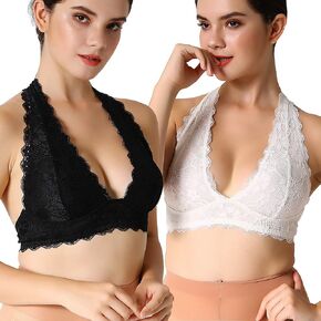 Floral Lace Halter Bra Bralette Top Hook and Eye Closure Back Unpadded Wirefree Lace Bra