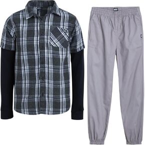 DKNY Boys Pants Set - 2 Piece Layered Plaid Button Down Shirt with Waffle Knit Thermal Sleeves and Khaki Jogger Pants, 4-12