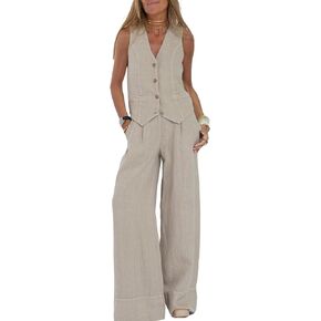 Perbai Womens V Neck Sleeveless Crop Vest Wide Leg Pants Sets 2 Piece Blazer Suits Summer Linen Matching Sets(Beige-L) in Kuwait