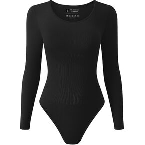 TDIFFUN Womens Long Sleeve Bodysuits Shapewear Seamless Ribbed Crew Neck One Piece Sexy Body Shaper Tops