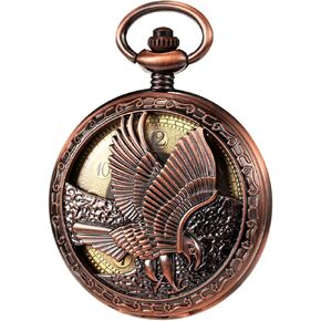 TREEWETO Mechanical Eagle Arabic Numerals Dial Skeleton Pocket Watch Watches with Gift Box and Chains for Mens Women