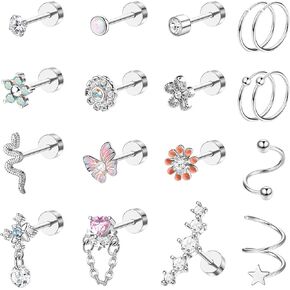 LOYALLOOK 18 قطعة من أقراط الغضروف للنساء من الفولاذ الجراحي المسطح الخلفي أقراط الأريكة هوب ثقب أوبال زهرة سانكي هيليكس تراغوس ثقب تشيكوسلوفاكيا غضروف القرط ثقب in Kuwait