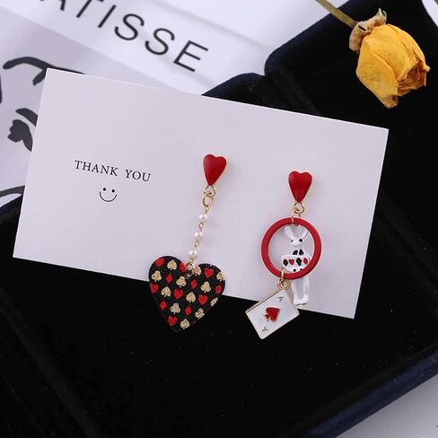 Queen of Heart Earrings Red Heart Poker Clock Drop Earrings for Women Girls,Asymmetric Long Clock Poker Dangle Earrings Queen of Hearts Costume Accessories in Kuwait