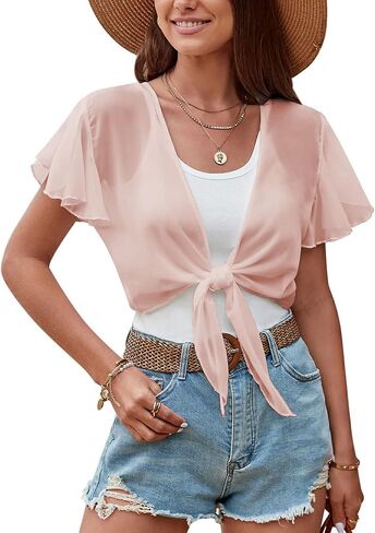 ZAFUL Women's Chiffon Cropped Bolero Sheer Shrugs for Dress Short Sleeve Tie Front Cardigan in Kuwait