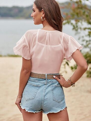 ZAFUL Women's Chiffon Cropped Bolero Sheer Shrugs for Dress Short Sleeve Tie Front Cardigan in Kuwait