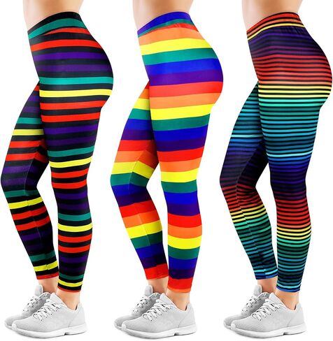 Mepase 3 Pcs Women's 80s Leggings Rainbow Printed Pants Soft Colorful Tights Breathable Stretchy Yoga Pants for Workout in Saudi Arabia