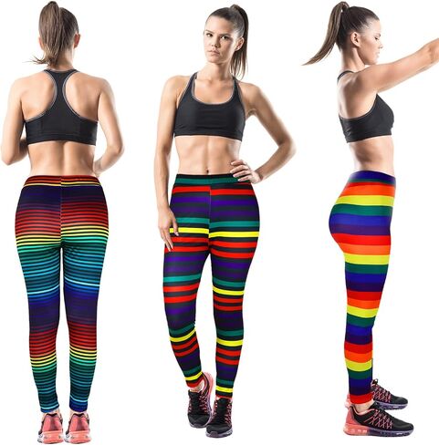 Mepase 3 Pcs Women's 80s Leggings Rainbow Printed Pants Soft Colorful Tights Breathable Stretchy Yoga Pants for Workout in Saudi Arabia