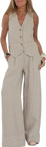 Perbai Womens V Neck Sleeveless Crop Vest Wide Leg Pants Sets 2 Piece Blazer Suits Summer Linen Matching Sets(Beige-L) in Kuwait