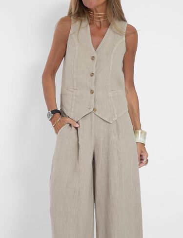 Perbai Womens V Neck Sleeveless Crop Vest Wide Leg Pants Sets 2 Piece Blazer Suits Summer Linen Matching Sets(Beige-L) in Kuwait