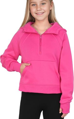 KEREDA كنزات بغطاء للرأس مبطنة بالصوف للفتيات بلوفر بنصف سحاب وأكمام طويلة وياقة مقصوصة 5-14 سنة in Kuwait