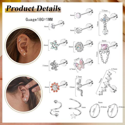 LOYALLOOK 18 قطعة من أقراط الغضروف للنساء من الفولاذ الجراحي المسطح الخلفي أقراط الأريكة هوب ثقب أوبال زهرة سانكي هيليكس تراغوس ثقب تشيكوسلوفاكيا غضروف القرط ثقب in Kuwait