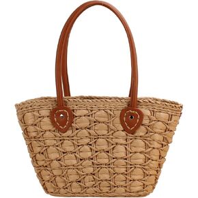 Women's Classic Straw Summer Beach Shoulder Bag Handbag Tote With PU Leather Straps Handmade Purse