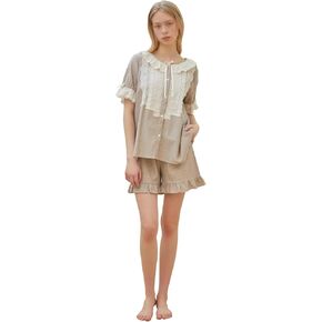 ULLALA Pajamas for Women O-Garden 40'S Short Two-Piece Oatmeal Vintage Soft Sleepwear 2Piece one Size Cotton in Kuwait
