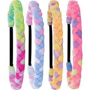 FROG SAC 4 Adjustable Braided Headbands for Girls, Rainbow Tie Dye Braid Hair Bands for Kids, Stretch Elastic Girl Headband, Cute Fashion Accessories for Children, Easter Basket Stocking Stuffers