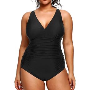 Aqua Eve Women Plus Size One Piece Swimsuits V Neck Tummy Control Bathing Suits Retro Ruched Swimwear