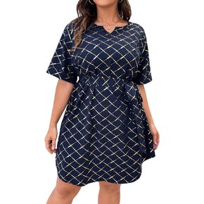 WDIRARA Women's Plus Size Plaid Notched V Neck Half Sleeve Belted Summer Tunic Short Dress