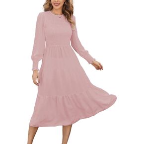Laeimukkin Long Sleeve Midi Dress High Waist Casual Smocked Tiered Dresses in Saudi Arabia