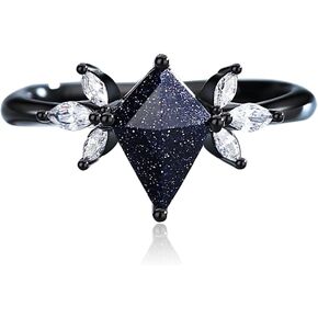 Statement Rings for Women - Vintage Eternity Promise Rings with a 7x10 Kite Shaped Blue Sandstone - Unique Black Engagement Rings for Her