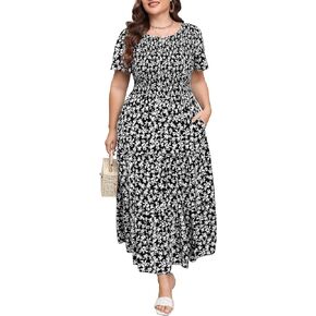 Younrui Women's Plus Size Smocked Tiered Maxi Dress with Pockets Elegant Short Sleeve Scoop Neck Floral Bohemian Dress