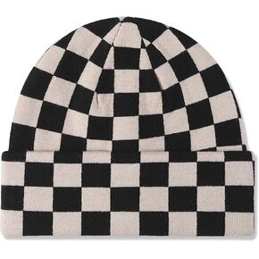 LumiSyne Knitted Beanie Men Women Checkerboard Pattern Cuffed Beanie Slouchy Beanie Stretchy Warm Winter Hat Baggy Skull Cap in Kuwait