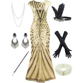 Women 1920S Gatsby Sequin Mermaid Formal Evening Dress with 20s Accessories Costume
